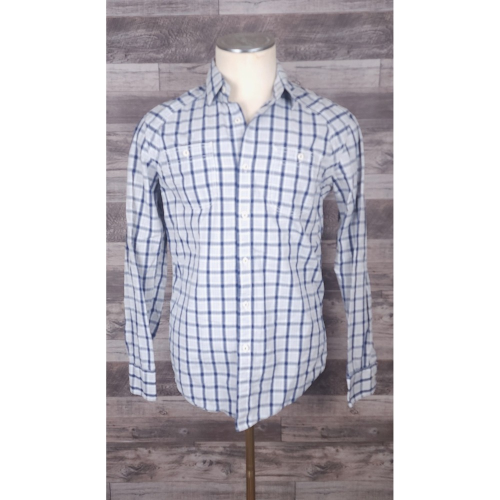 American Rag Mens Small Blue White Plaid Long Sleeve Button Down Cotton Shirt